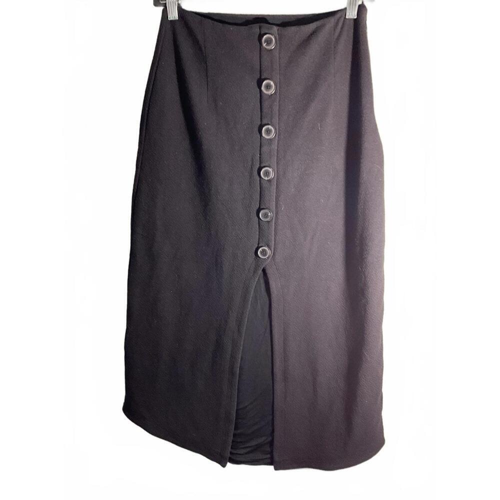Maeve Anthropologie Black Button-Front Midi Skirt with Front Slit X-Small